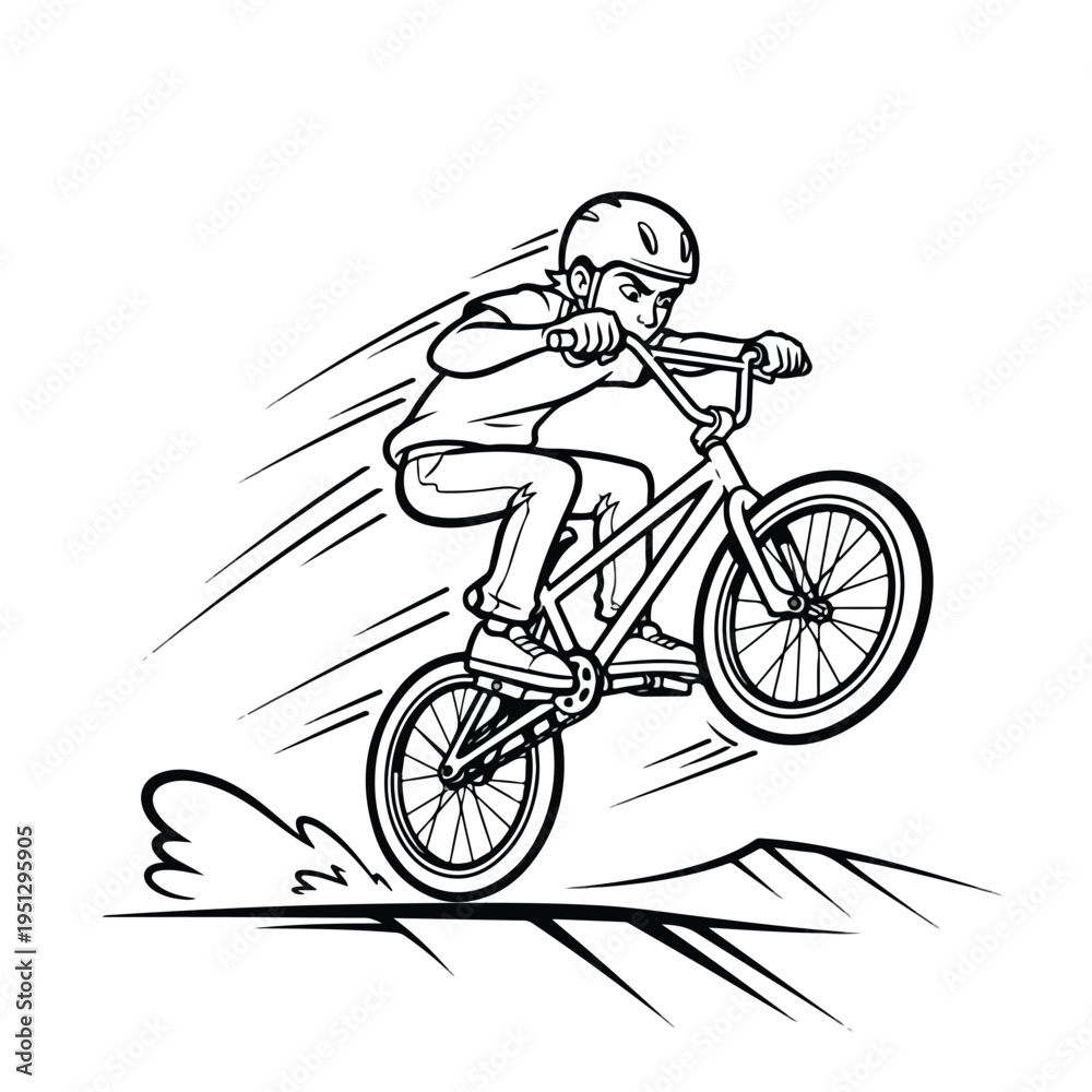 Naklejka premium A skilled bmx rider performs a daring stunt on a bicycle with motion lines, conveying a sense of speed and thrill against a clean white background