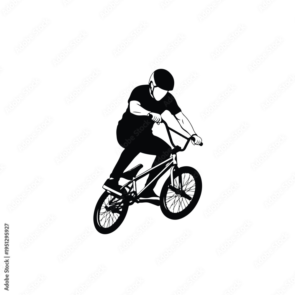 Naklejka premium A black silhouette of a bmx rider performing a trick on a bike against a clean white background