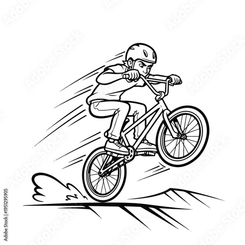 A skilled bmx rider performs a daring stunt on a bicycle with motion lines, conveying a sense of speed and thrill against a clean white background