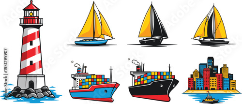 Colorful nautical vector illustration featuring lighthouse, sailboats, cargo ships, coastal cityscape, maritime transportation, and waterfront architectural design elements