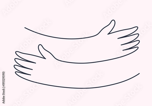 Simple hugging arms outline logo. Black and white hand drawn line art of warm embrace symbol. Cute minimal cartoon style vector of caring hug, friendship, love and support concept. Clean graphic icon.
