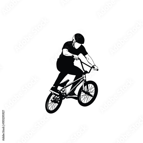 A black silhouette of a bmx rider performing a trick on a bike against a clean white background