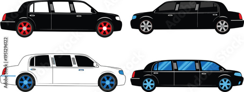 Luxury limousine vector illustration featuring black and white designs, tinted windows, stylish wheel variations, and elegant automotive transportation elements