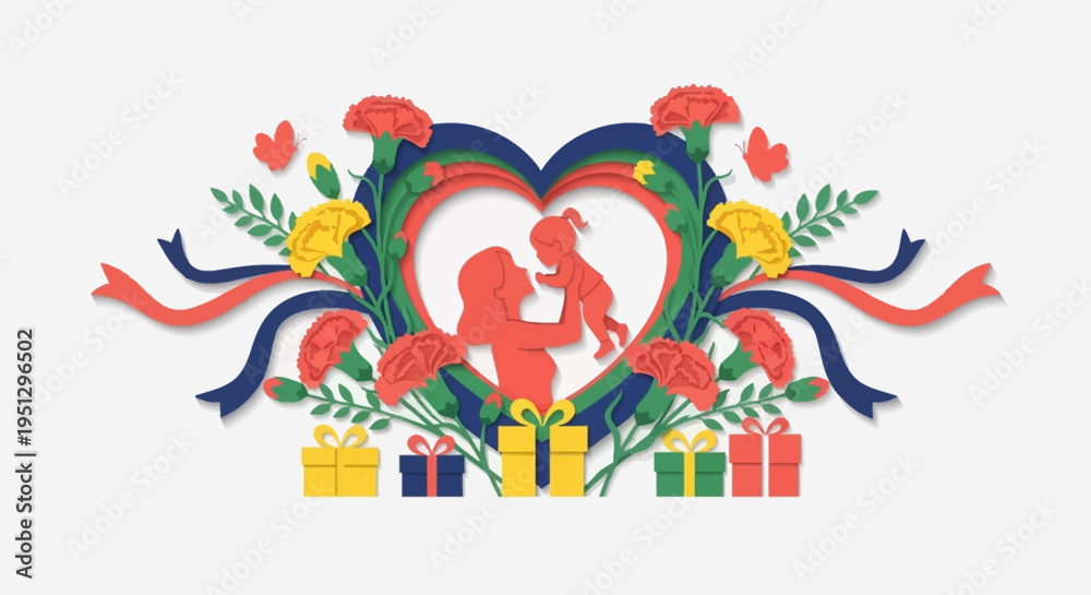 Obraz premium Happy Mother's Day Illustration in Paper Cut Style Featuring a Mother Holding a Child Inside a Heart with Carnations, Ribbons, and Gift Boxes on a White Background