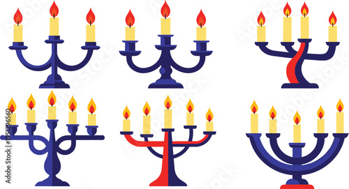 Stylized menorah vector illustration featuring five lit candles, colorful designs, Jewish ritual candelabra, Hanukkah celebration, and decorative religious elements