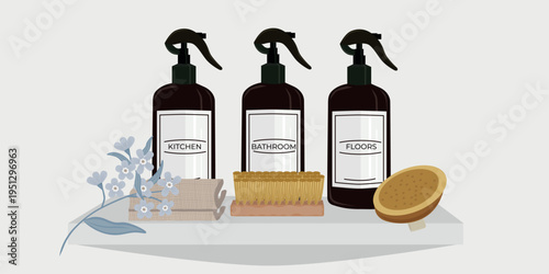 A stylish, minimalist illustration showcasing a set of three dark brown spray bottles labeled «KITCHEN», «BATHROOM», and «FLOORS», neatly arranged on a clean white shelf