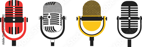 Vintage microphones vector illustration featuring classic broadcast designs, colorful retro styles, music communication icons, and audio recording equipment