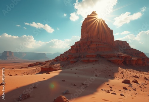 Isolated Butte Rising in Austerity Amidst Desert Sands under Intense Sunlit Aura