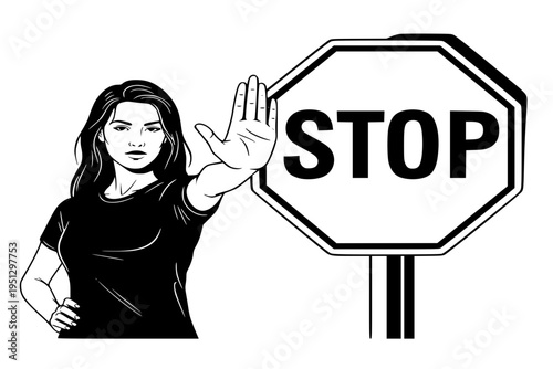 Woman Holding Stop Hand Gesture Ending Domestic Violence Empowerment Abuse Prevention Black Vector Silhouette