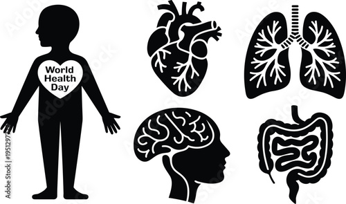 Human internal organs anatomy set for World Health Day featuring brain heart lungs intestines and body silhouette black flat vector