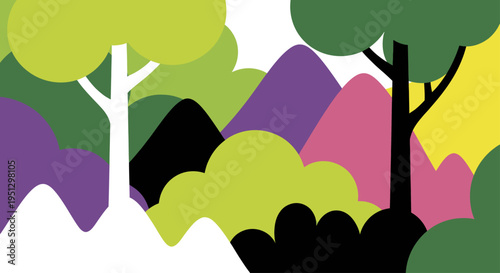 Abstract Colorful Forest Landscape with Stylized Trees and Hills.