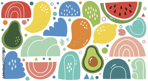 Abstract Colorful Fruits and Shapes Doodle Collection.