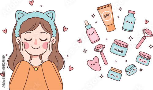 Cartoon skincare routine illustration with girl, beauty products, and self‑care design for wellness and lifestyle projects