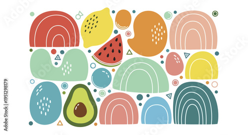 Abstract Colorful Shapes and Fruits Pattern.
