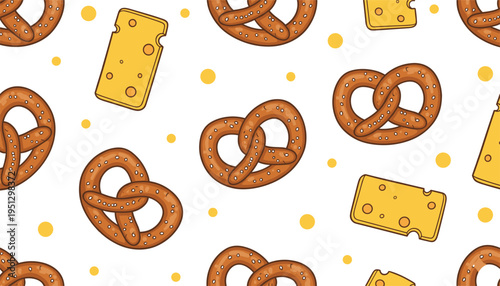 Cartoon food pattern illustration with pretzels, Swiss cheese slices, and decorative dots for packaging and textile design