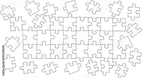 Cartoon jigsaw puzzle illustration with scattered pieces and partially completed design for problem solving and recreation