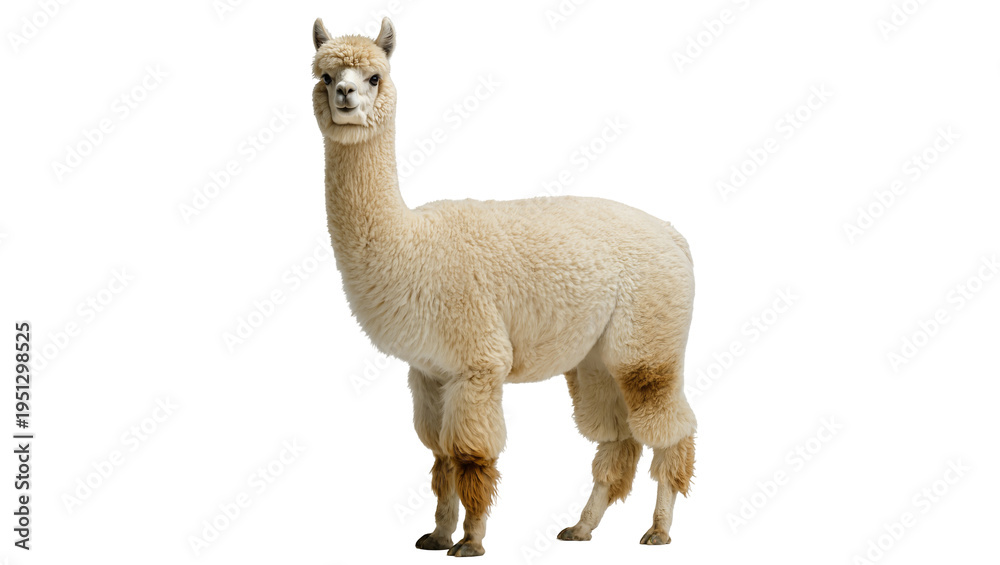 Naklejka premium Isolated adorable fluffy alpaca standing calmly, full body shot of a domestic mammal