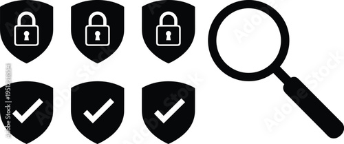 Cartoon security shield icons illustration with padlocks, check marks, and magnifying glass for cybersecurity design