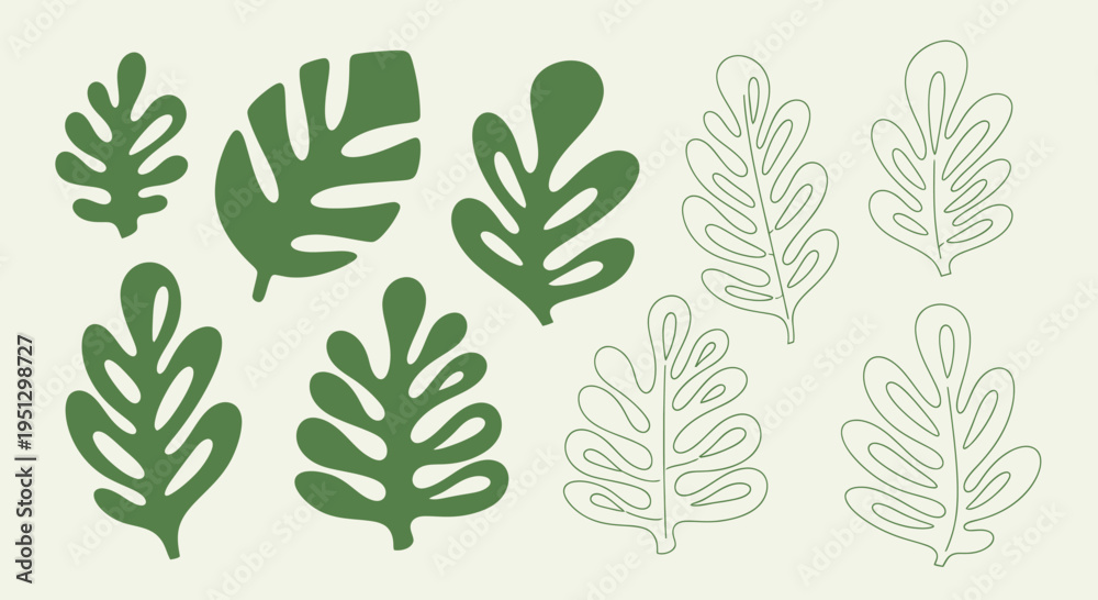 Fototapeta premium Abstract Green Leaf Illustrations and Outlines Set on a Light Background.