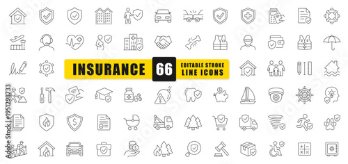 Insurance Line Icon Set Featuring Editable Stroke Vector Symbols. Includes Health, Auto, Home, Travel, Property, Liability, And Financial Protection Elements. Perfect For Apps, Web, Print, And Infogra