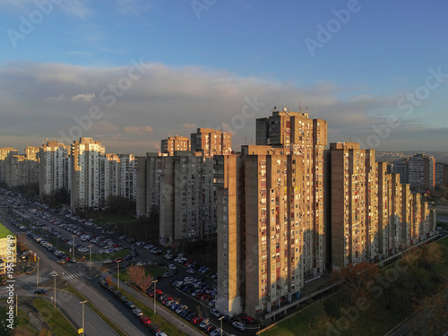 High angle aerial photograph of the unique stepped residential buildings in Block 63. Drone view showcasing the brutalist architecture and urban layout of New Belgrade, Serbia 12.08.2024