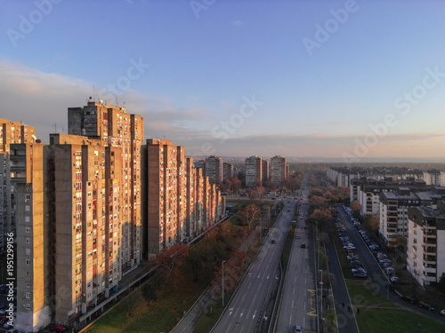 High angle aerial photograph of the unique stepped residential buildings in Block 63. Drone view showcasing the brutalist architecture and urban layout of New Belgrade, Serbia 12.08.2024