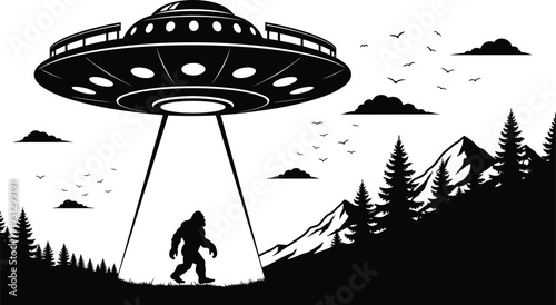 UFO spaceship abducting Bigfoot in mountain forest landscape, alien spacecraft with beam of light, mysterious sci-fi nature scene vector illustration,