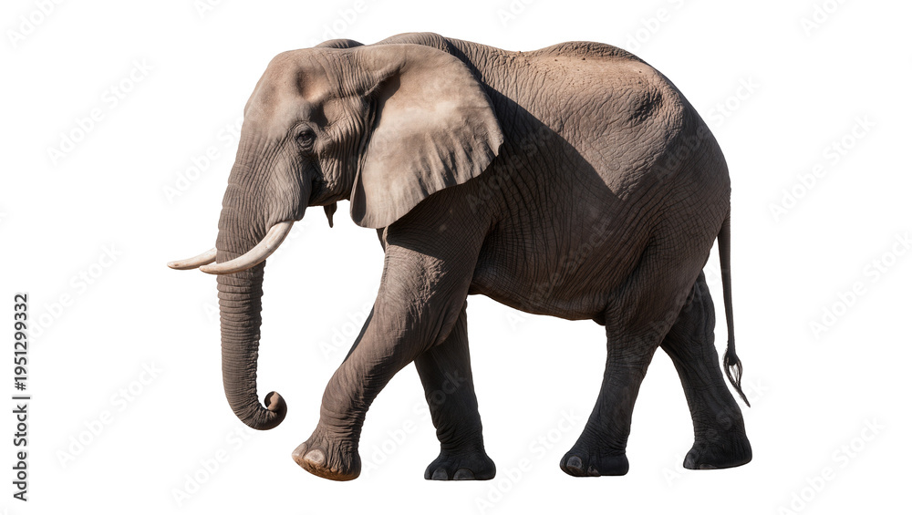 Fototapeta premium Isolated African elephant walking with large tusks, majestic giant mammal wildlife