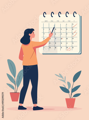 Illustrazione vettoriale di una donna di spalle che indica un calendario. Concetto di pianificazione, organizzazione, gestione del tempo, appuntamenti e lavoro, ideale per business, ufficio e produtti