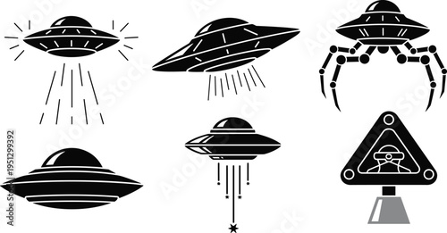 UFO vector illustration set, alien spacecraft silhouettes and flying saucer icons for sci-fi branding and mystery space designs, extraterrestrial technology symbols,