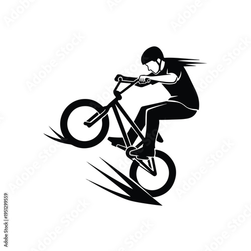 A skilled bmx rider performs an aerial stunt on a bicycle with motion lines, depicted in a dynamic black and white graphic illustration