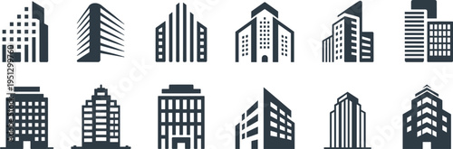 Urban architecture icon set featuring modern high-rises, office buildings, apartments, and city structures, monochrome design elements for real estate, construction, and city planning projects