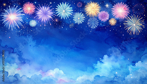 水彩風の打ち上げ花火と夜空の背景素材 文字入れ用の広い余白がある夏休み素材