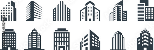 Urban architecture icon set featuring modern high-rises, office buildings, apartments, and city structures, monochrome design elements for real estate, construction, and city planning projects