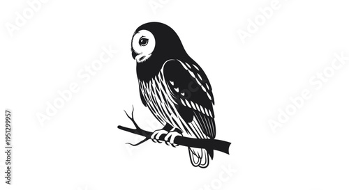 Stylized black and white owl perched on a tree branch