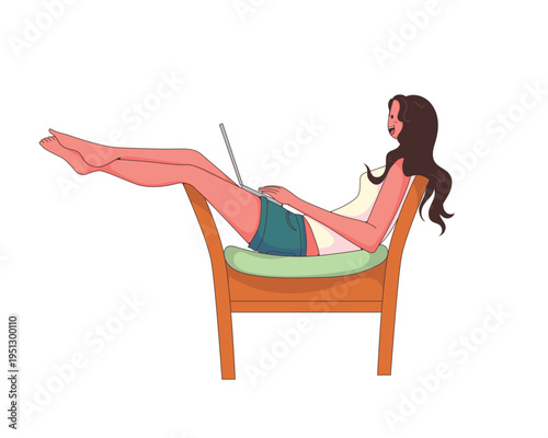 A successful young woman working on her laptop while laying back in a lounge chair. Concept of digital nomad lifestyle, remote work, career independence, and inspiration.
