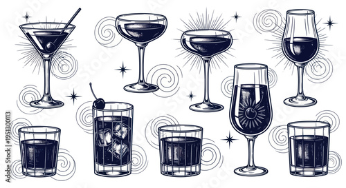 Assorted Hand-Drawn Cocktails and Drinks in Elegant Glasses