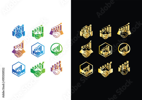 Real Estate Partnership Logo with City Skyline and Handshake vector Editable design 