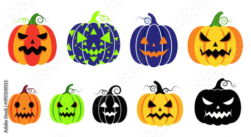 Collection of Halloween Pumpkins with Carved Faces and Spooky Designs