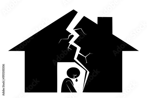 Broken House Symbol Domestic Violence Family Breakdown Crisis Awareness Black Vector Silhouette