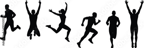 Vector illustration of six athletic silhouettes in dynamic running and jumping poses representing energy and movement
