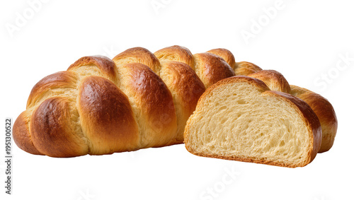 Isolated freshly baked golden braided bread loaf with a slice cut, showcasing soft textured crumb