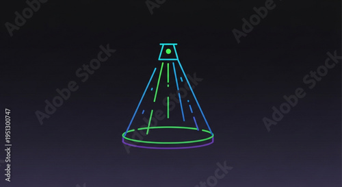 Neon lit cone shaped object with green and blue lines on dark background futuristic technology concept