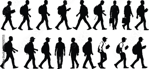 Walking people silhouettes set with backpacks and books, diverse male pedestrian figures in motion, education, travel, commuting concept isolated on white background