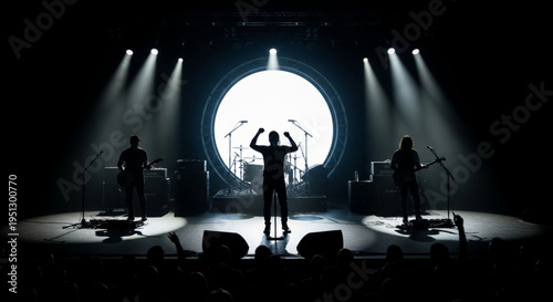 Silhouette of band performing on stage with spotlight and circular backdrop at live music event