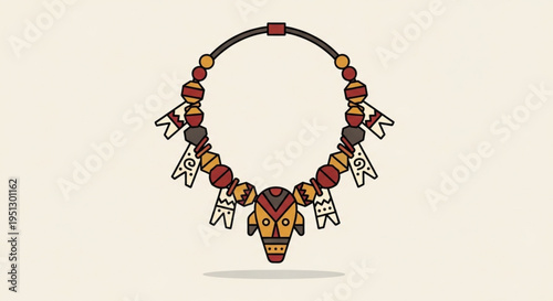 Vibrant tribal necklace with colorful beads and charms on a leather cord adorned with a striking mask pendant and small figurines symbolizing cultural heritage and fashion