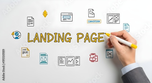 hand writing landing page concept with icons on whiteboard