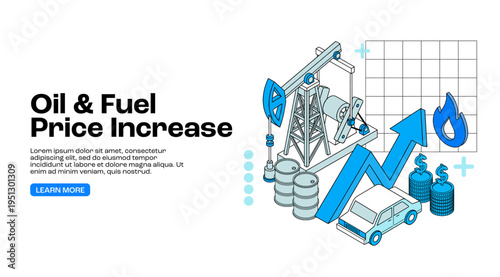 Oil and fuel price increase concept with rising arrow pumpjack barrels and car illustrating global energy costs inflation and petroleum market trends