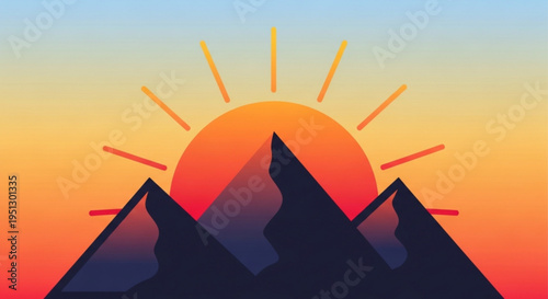 Vibrant sunset over majestic mountain range with warm orange hues and serene landscape