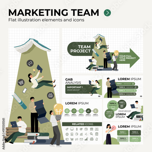 flat illustration elements and icon related to marketing team